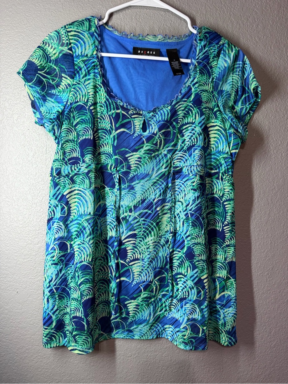 Axcess Blue & Green Leaf-Print Short Sleeve Tunic
